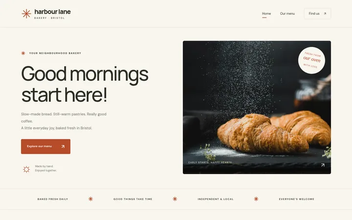 Harbour Lane sample website: bakery homepage with a croissant photo and 'Good mornings start here!'