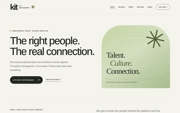 Kit Management sample website: a typographic hero reading 'The right people. The real connection.'